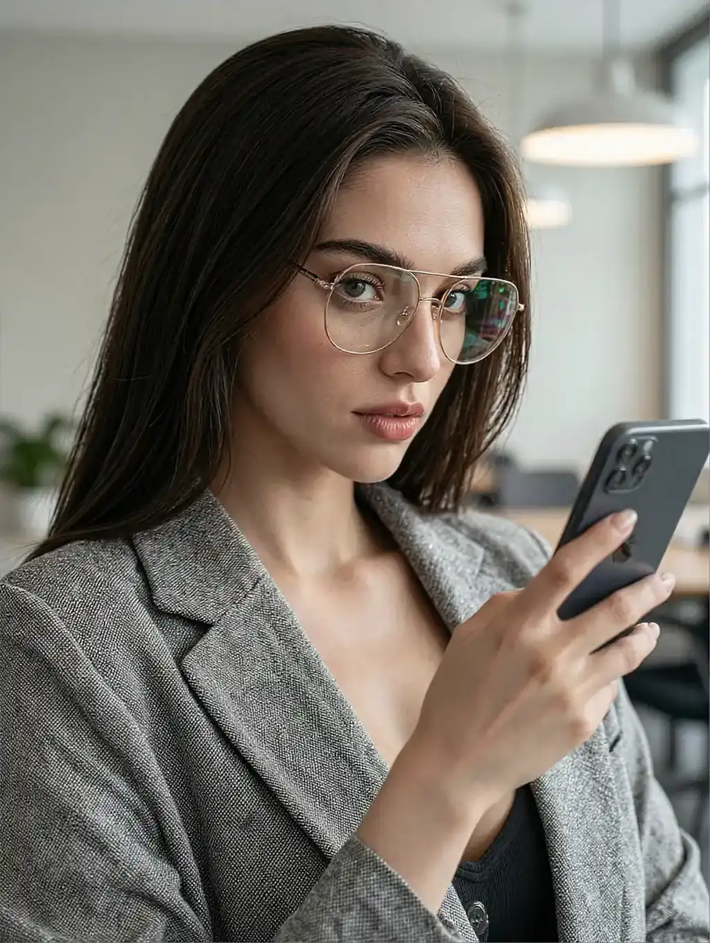 Wren, a fictional AI character on the roster, in glasses and a grey blazer, reading her phone indoors