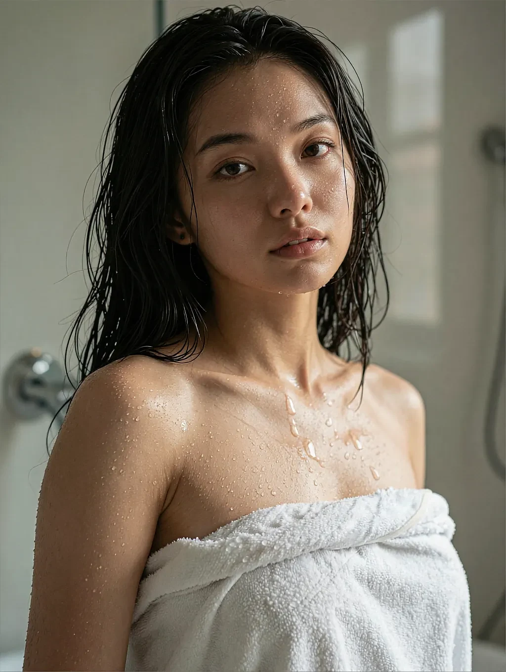 Devon, a fictional AI character on the roster, wrapped in a white towel in a bathroom, hair still wet