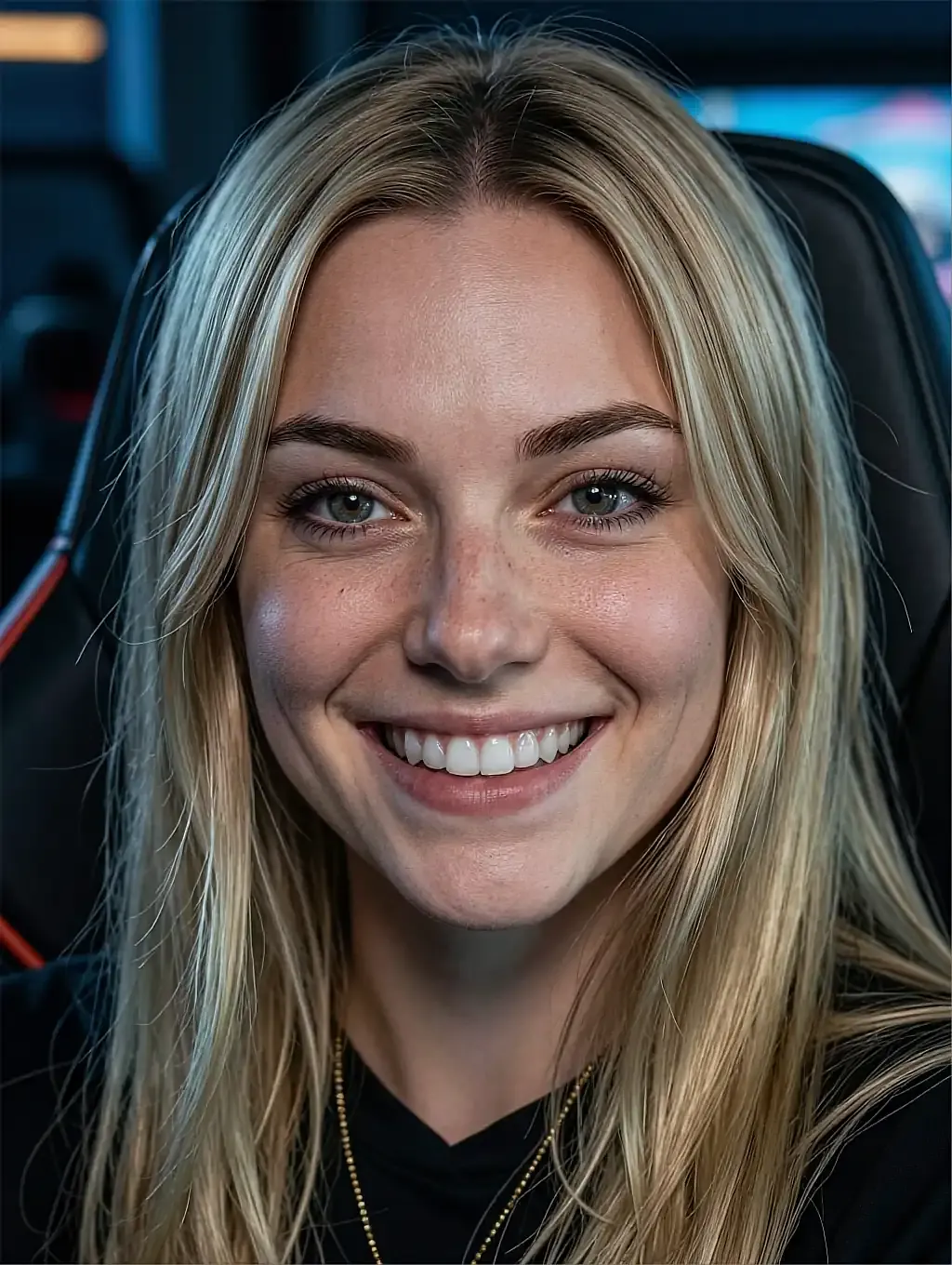 Fictional AI character on the free access page, smiling in a close-up portrait in a warm room